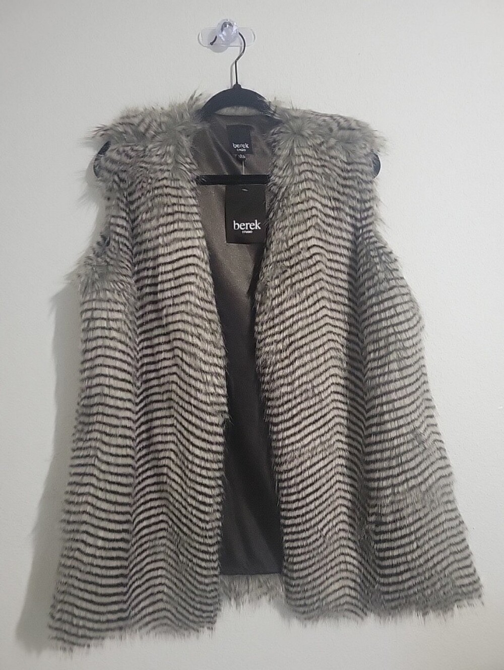 Berek Striped Faux Fur Vest in Gray and Black Size "L" New